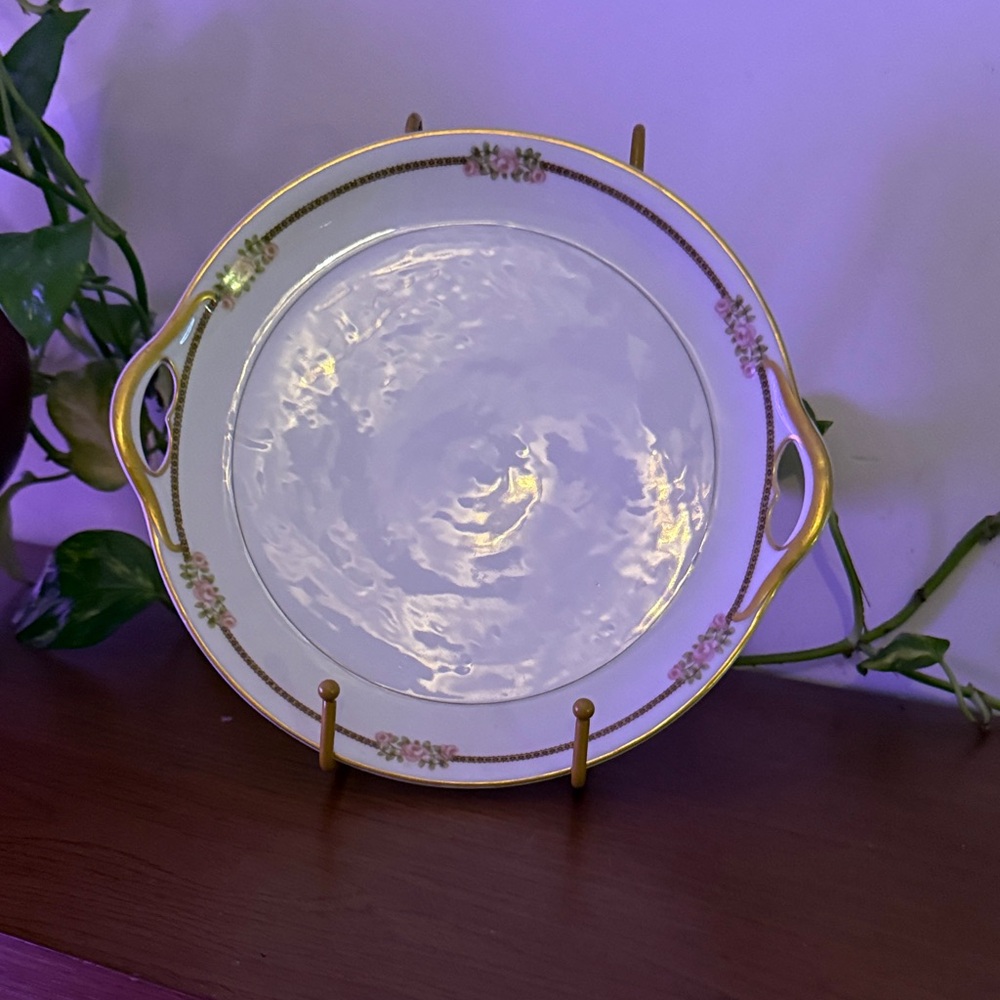 Antique Theodore Haviland Limoges Round Cake Plate France Gilt Handle Rose